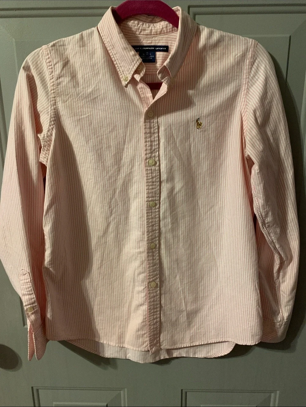 Ralph Lauren sport Youth Button-Down Shirt Size 10 Like NEW Pink & White Stripes